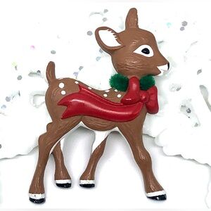 Vintage Hallmark Hmk Cds Christmas Baby Deer Fawn Green Red Bow Resin Brooch Pin